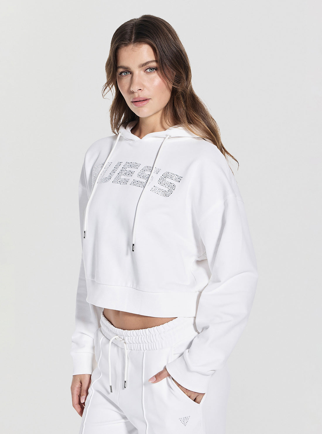 GUESS Womens White Primula Active Hoodie Sweatshirt V5GQ09KCRP0 Front Side View