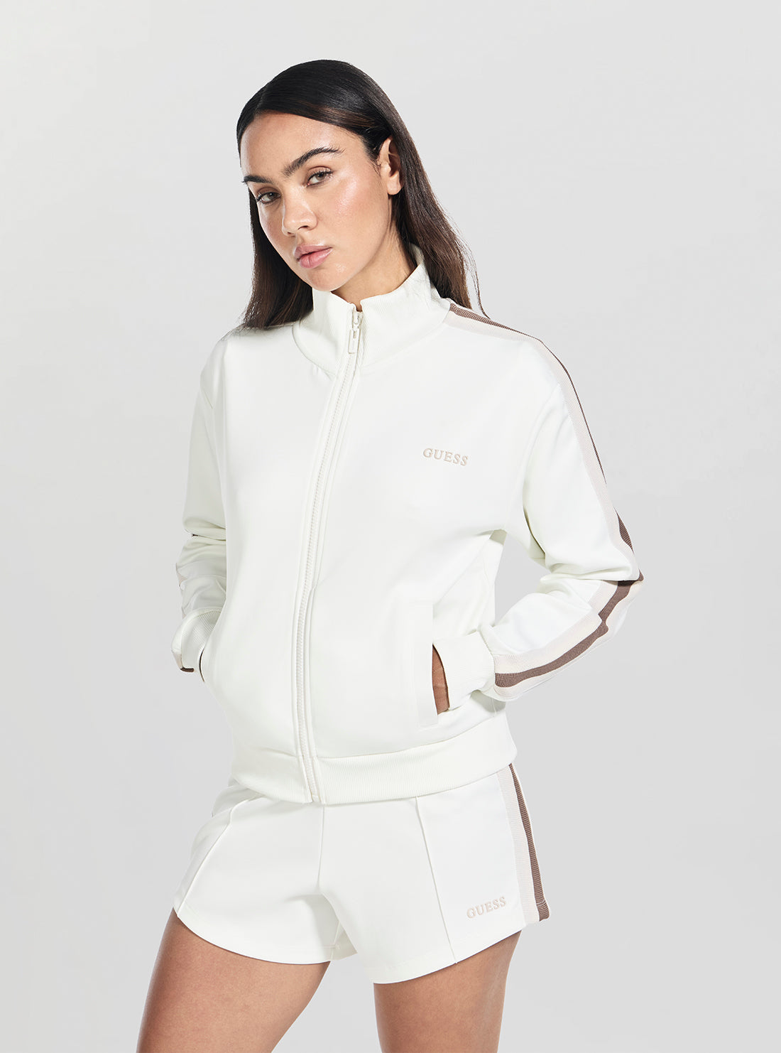 GUESS Womens Eco White Yarrow Full Zip Active Sweatshirt V5GQ18KCRU2 Front SIde View