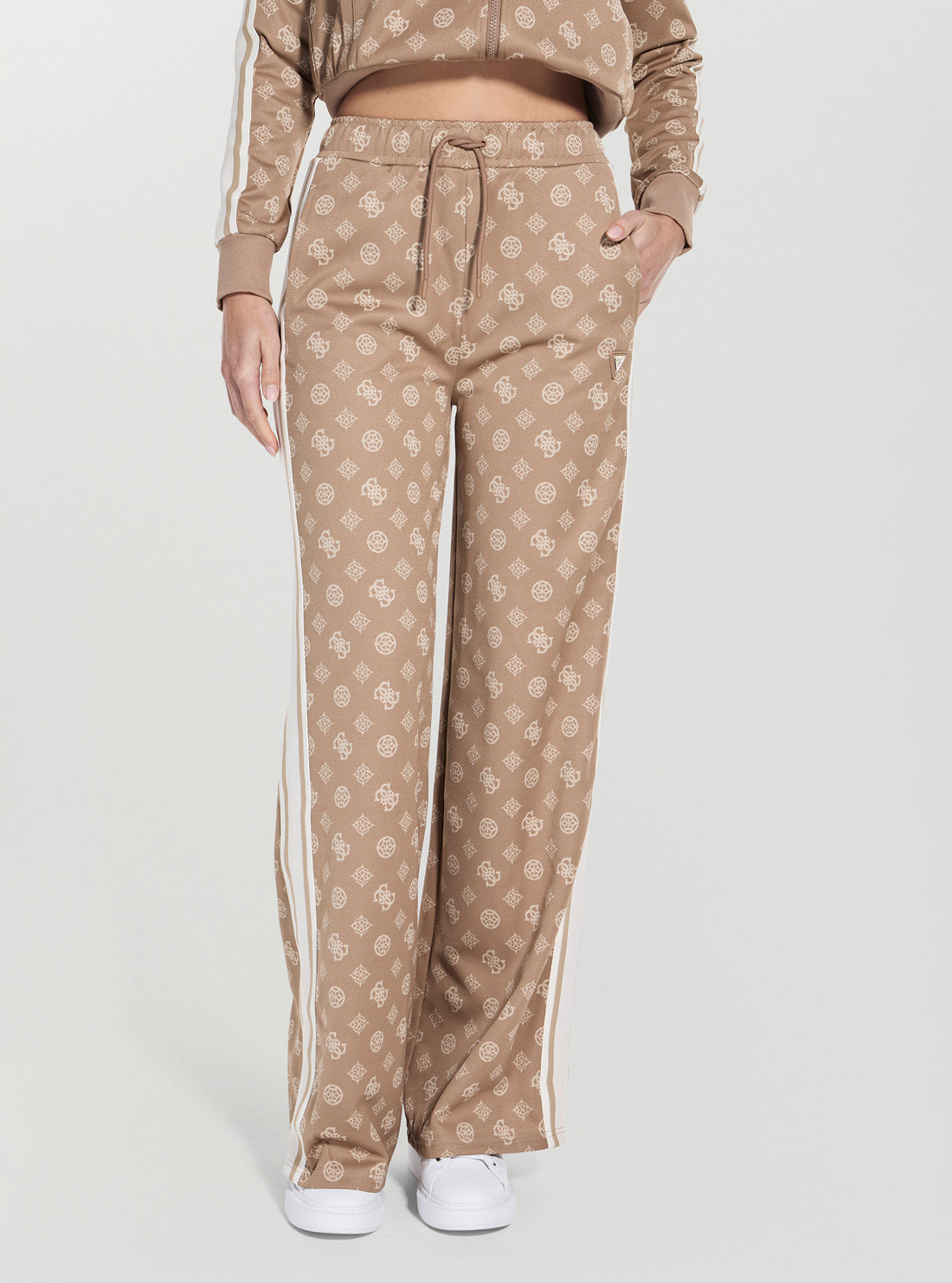 GUESS Womens Beige Peony Taped Straight Active Long Pants V5YB10K0282 Front View