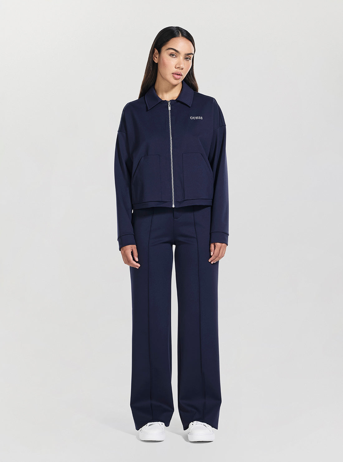 GUESS Womens Eco Blue Carla Crop Zip Active Jacket V5YL08KCX42 Full View