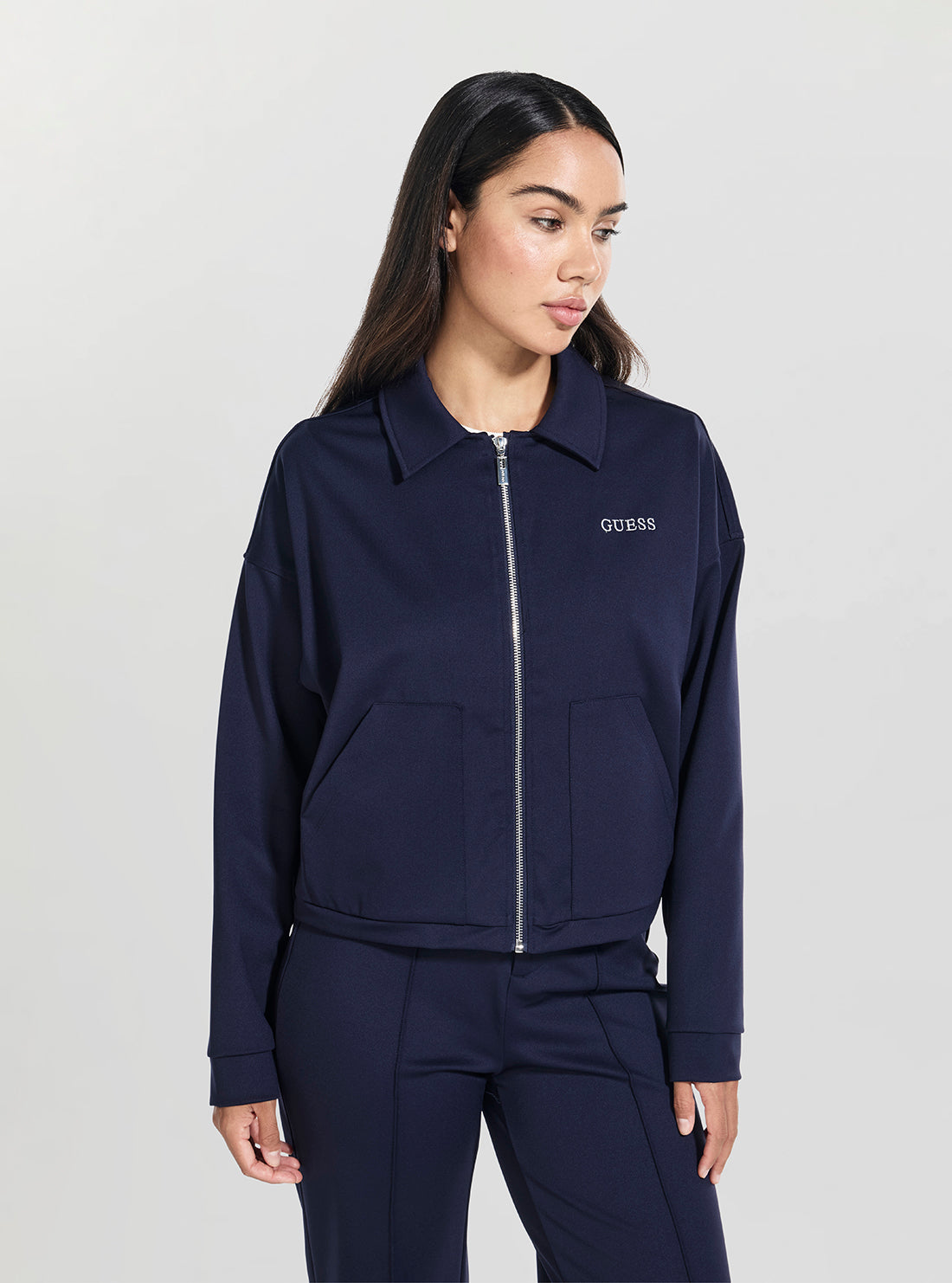 GUESS Womens Eco Blue Carla Crop Zip Active Jacket V5YL08KCX42 Front View_2