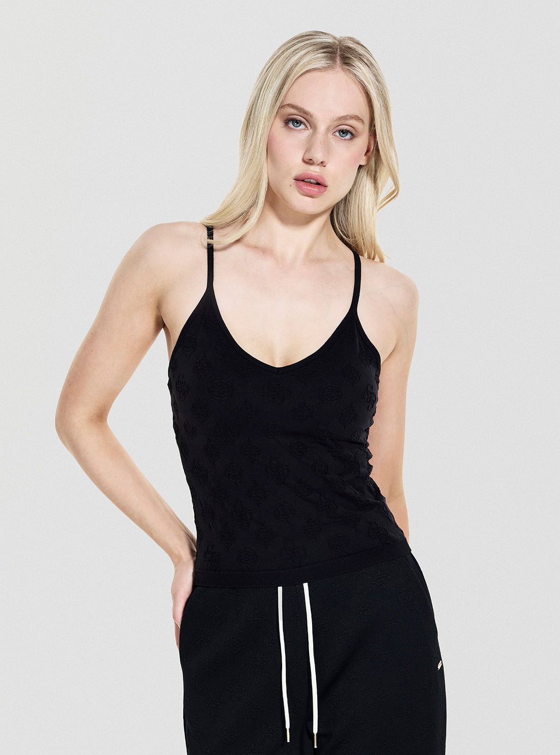 GUESS Womens Black Peony Seamless Active Top V5YP05Z3OA0 Front View