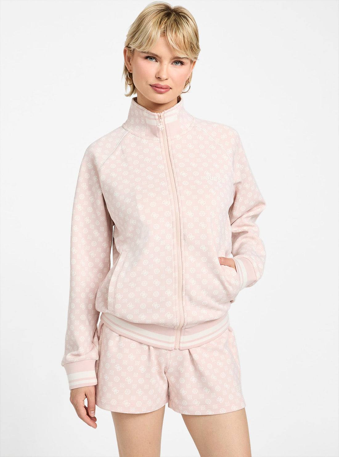 GUESS Womens Pink Logo Aggie Full Zip Active Sweatshirt V5YQ03KB212 Front View