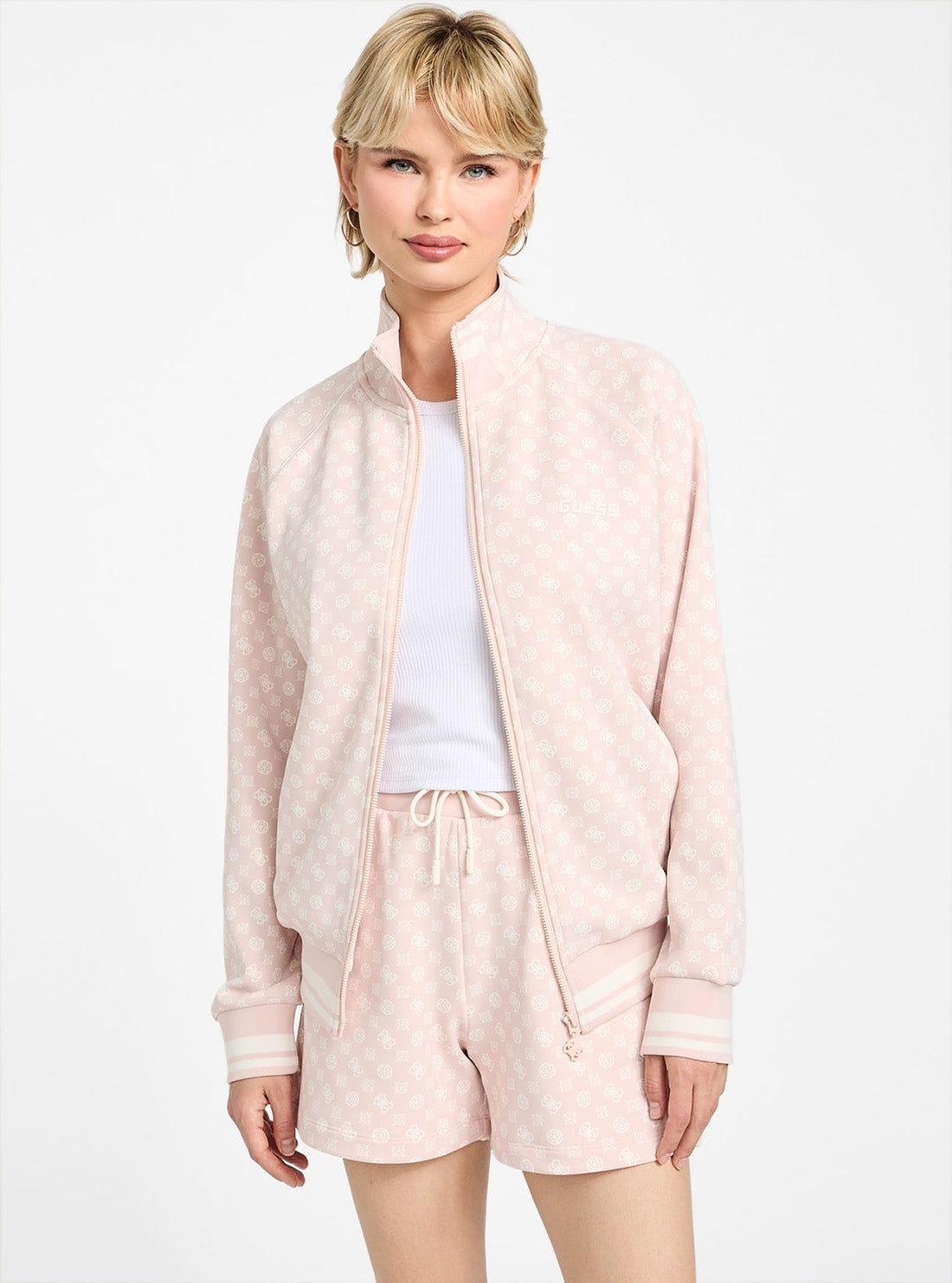 GUESS Womens Pink Logo Aggie Full Zip Active Sweatshirt V5YQ03KB212 Front View