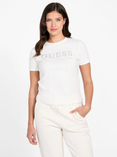 GUESS Womens Eco White Octavia Rhinestone T-Shirt V6RI20J1314 Front View
