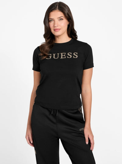 GUESS Womens Eco Black Octavia Rhinestone T-Shirt V6RI20J1314 Front View