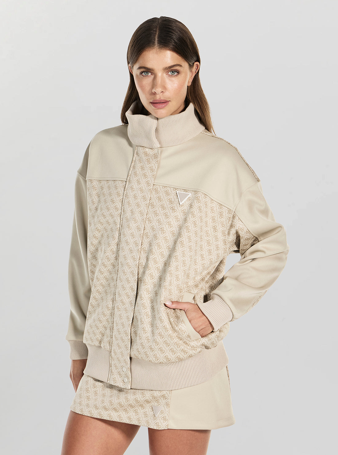 GUESS Womens Beige Maya 4G Full Zip Active Jacket V6RL08K2042 Front View