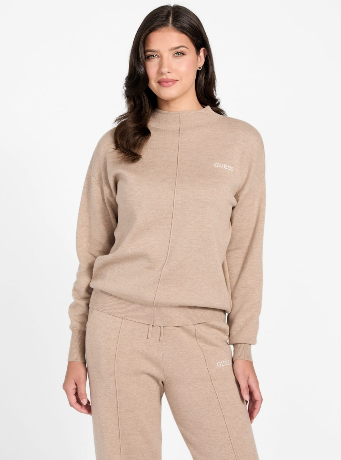 GUESS Womens Beige Ursula Mock Neck Active Sweatshirt V6RQ10Z4850 Front View