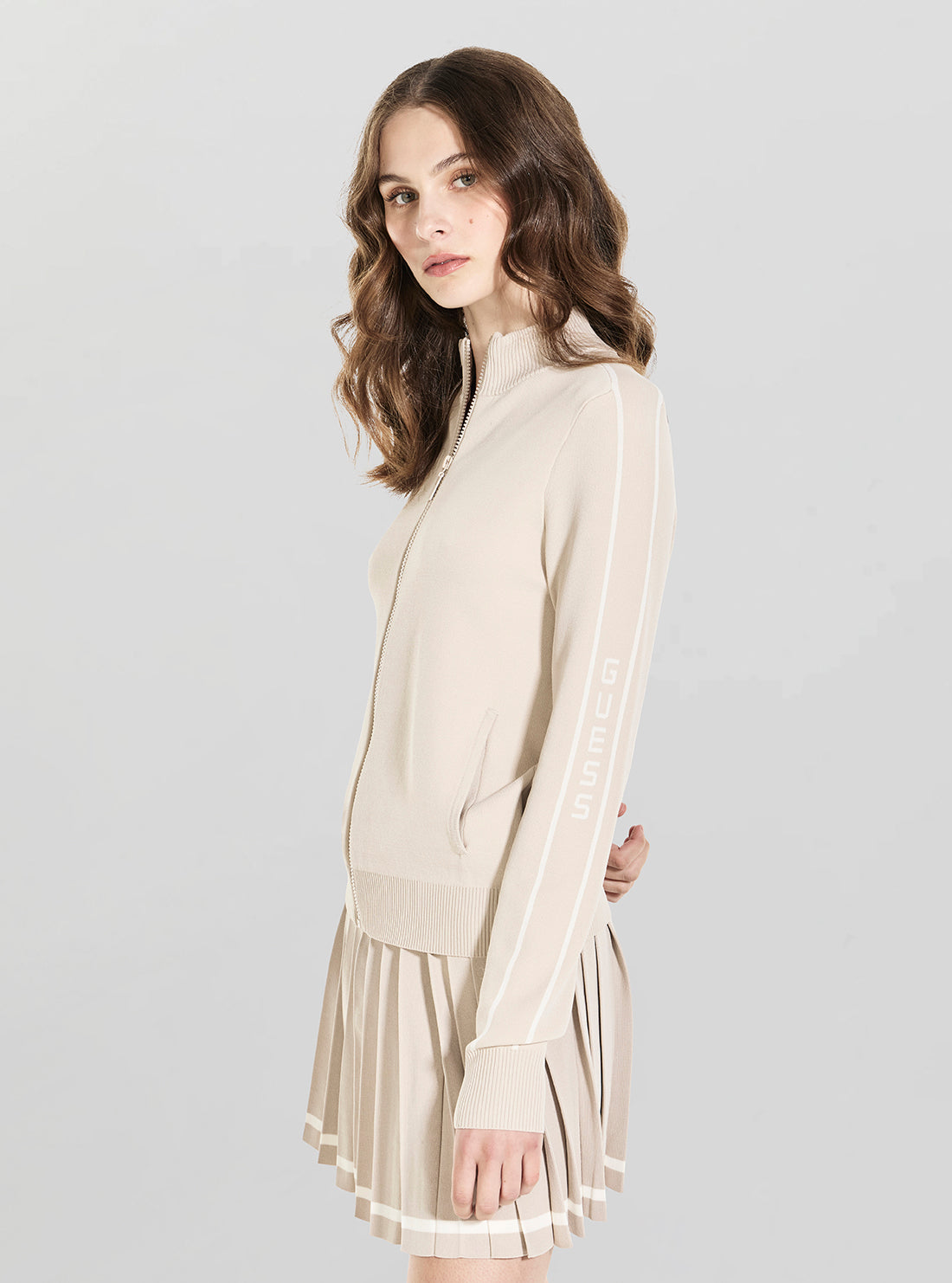 GUESS Womens Beige Meissa Full Zip Active Sweater V6YR01Z0943 Side View