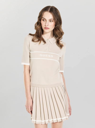 GUESS Womens Beige Meissa Polo Active Sweater V6YR02Z0944 Front View