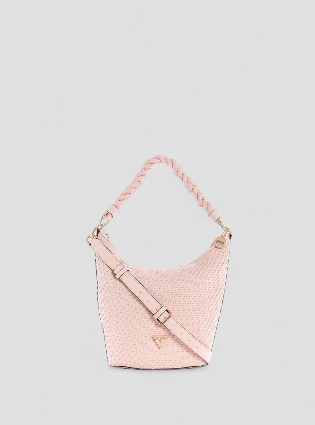 GUESS Womens Pink Woven Hassie Bucket Hobo Satchel VG839702 Front View