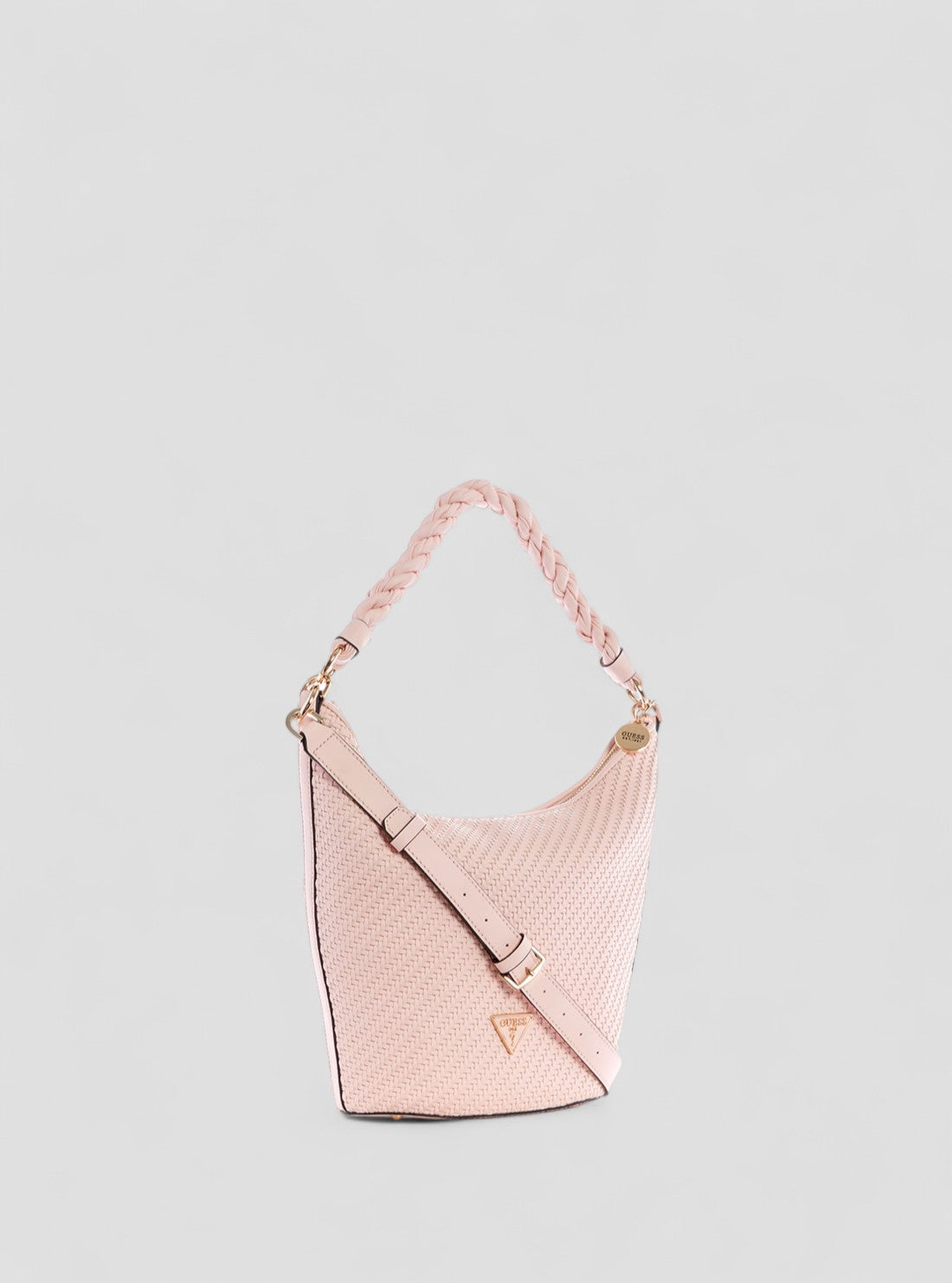 GUESS Womens Pink Woven Hassie Bucket Hobo Satchel VG839702 Front Side View