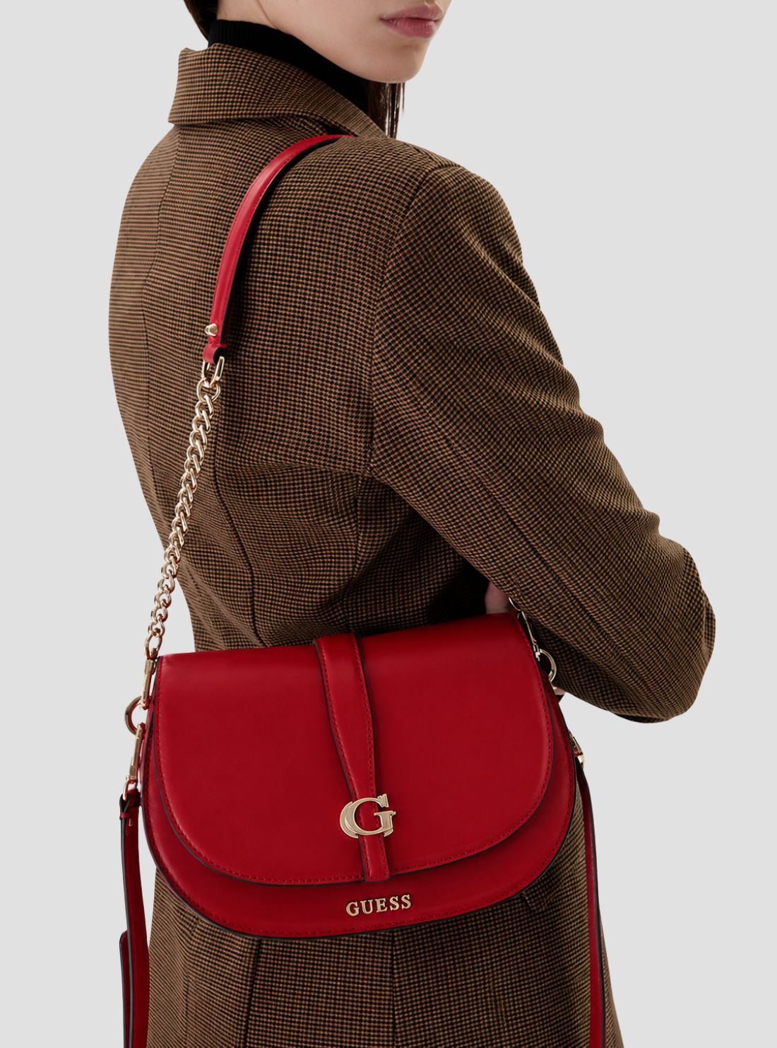 GUESS Womens Red Carrie Flap Shoulder Bag VG989620 Model View