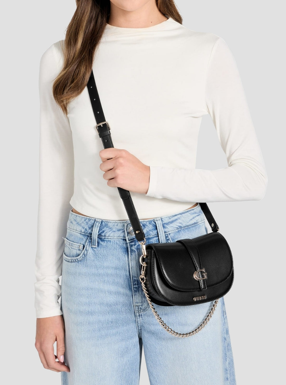 GUESS Womens Black Carrie Mini Flap Crossbody Bag VG989678 Model View