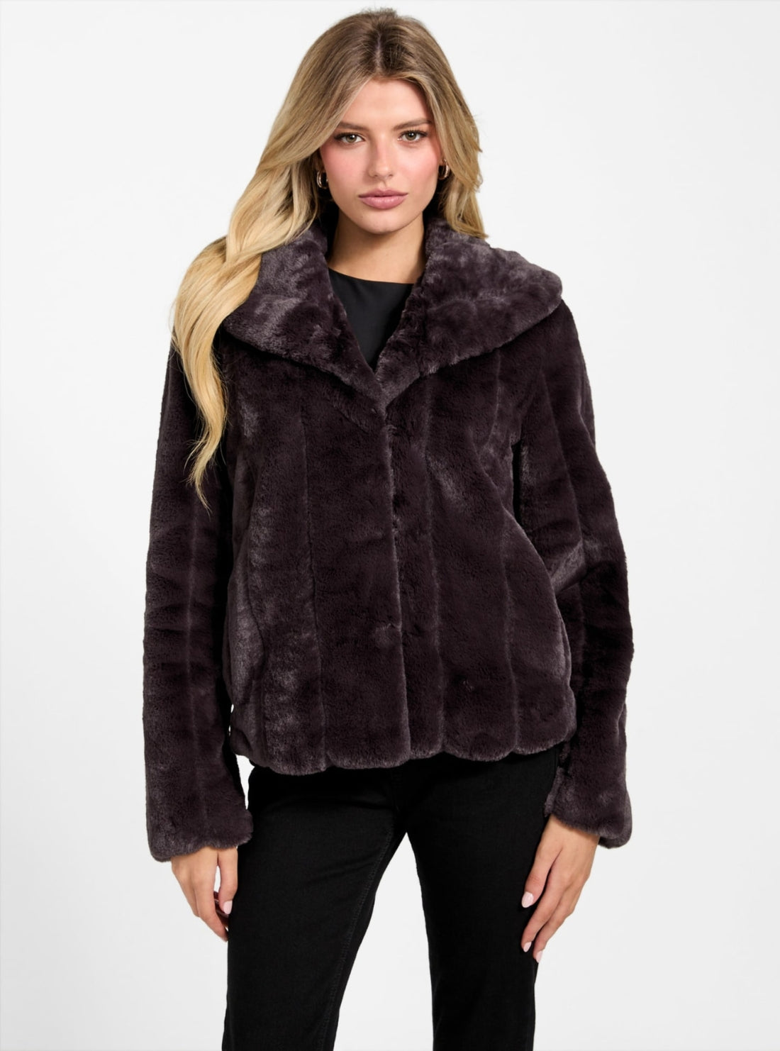 GUESS Womens Brown Sophy Faux-Fur Jacket W0BL0NWDCH0 Front View