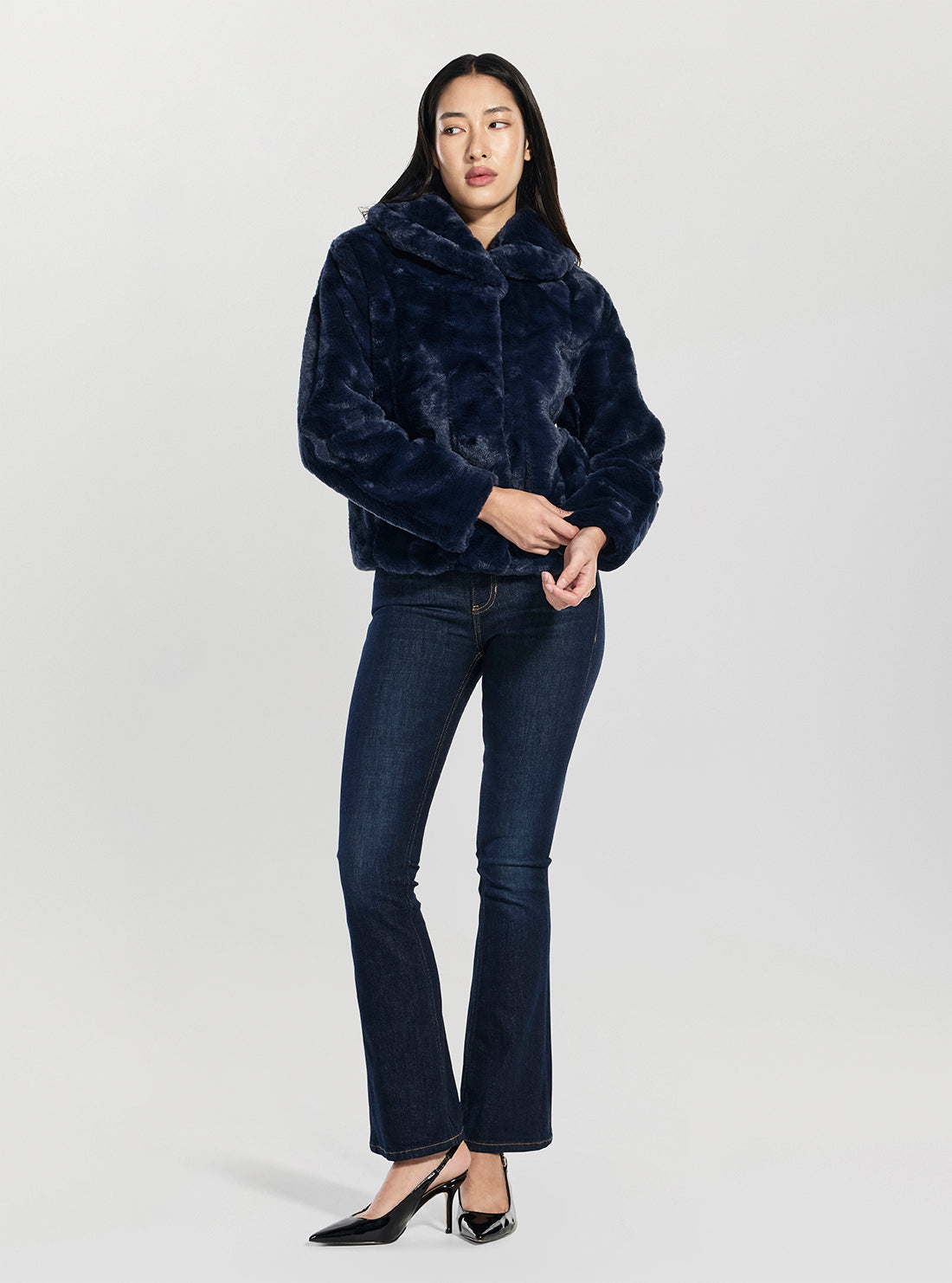 GUESS Womens Blue Sophy Faux Fur Jacket W0BL0NWDCH0 Full View