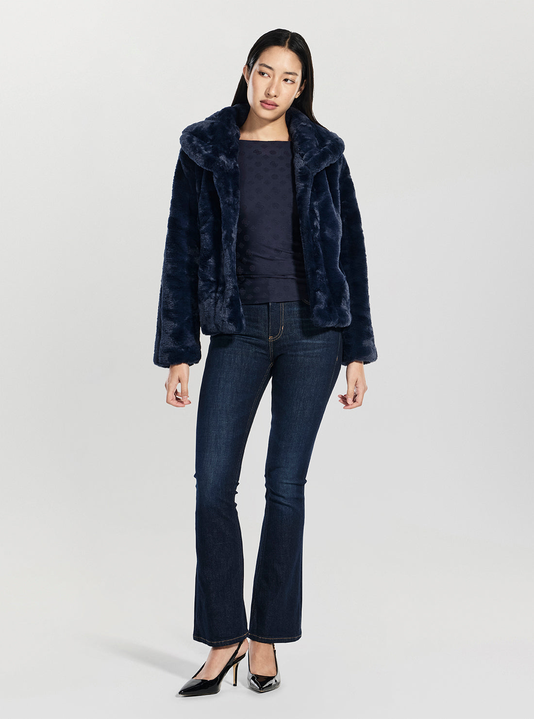 GUESS Womens Blue Sophy Faux Fur Jacket W0BL0NWDCH0 Full View_2