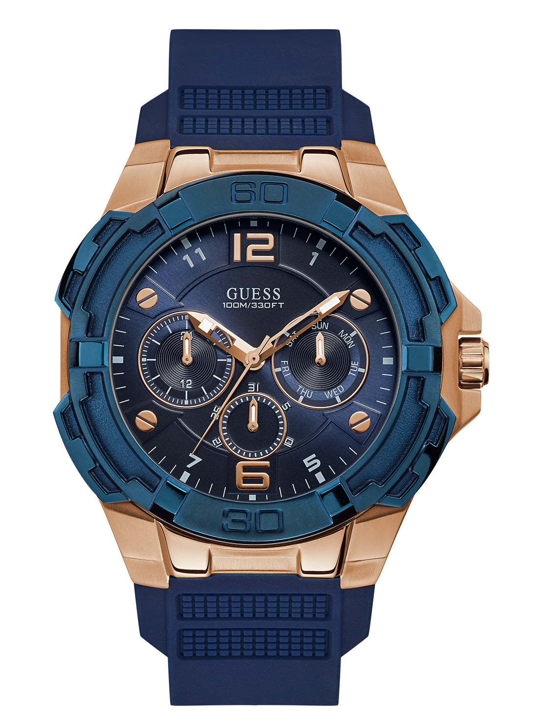 Rose Gold Genesis Blue Silicone Watch | GUESS Men's Watches | front view