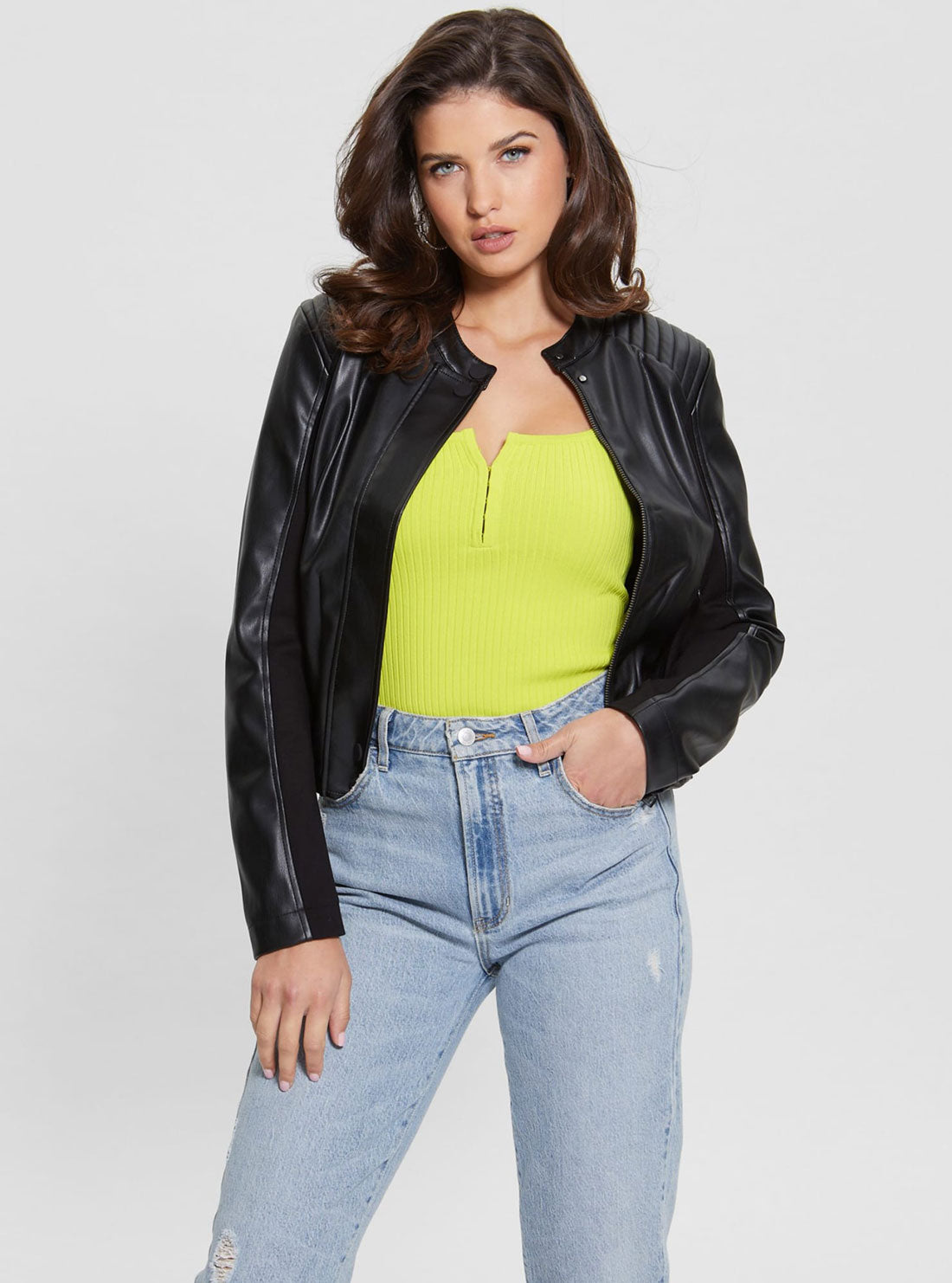 Black Fiammetta Leather Jacket | GUESS Women's Jackets | front view