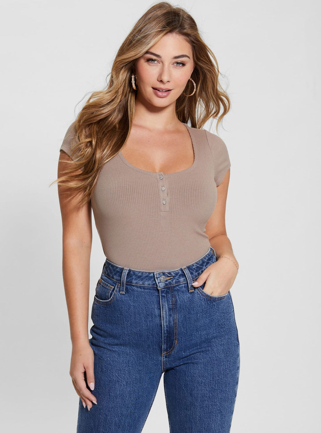 Eco Taupe Karlee Jewel Henley T-Shirt | GUESS Women's Apparel | Front view