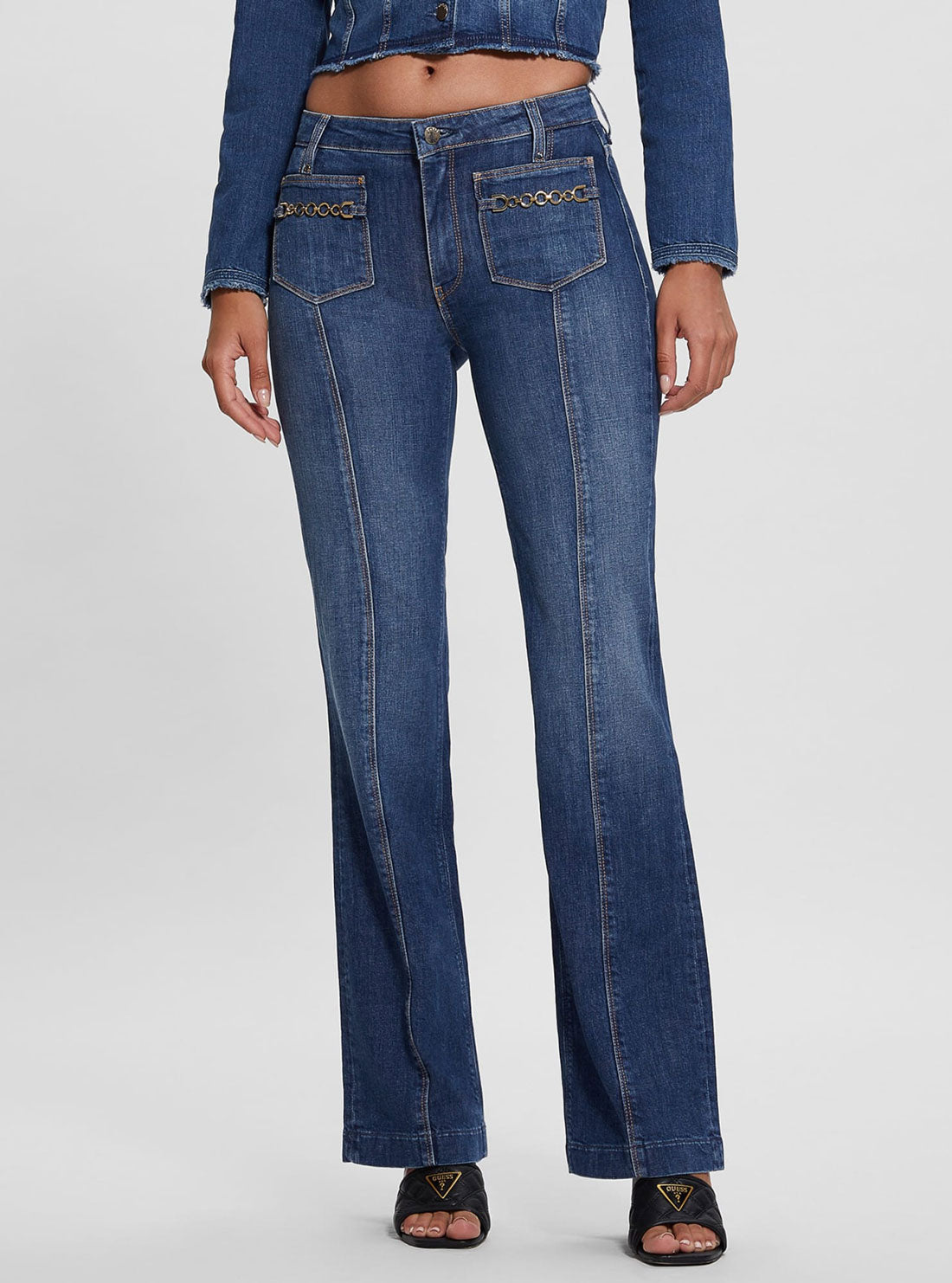 Eco Blue Chain Pocket Sexy Bootcut Denim Jeans | GUESS Women's Apparel | front view