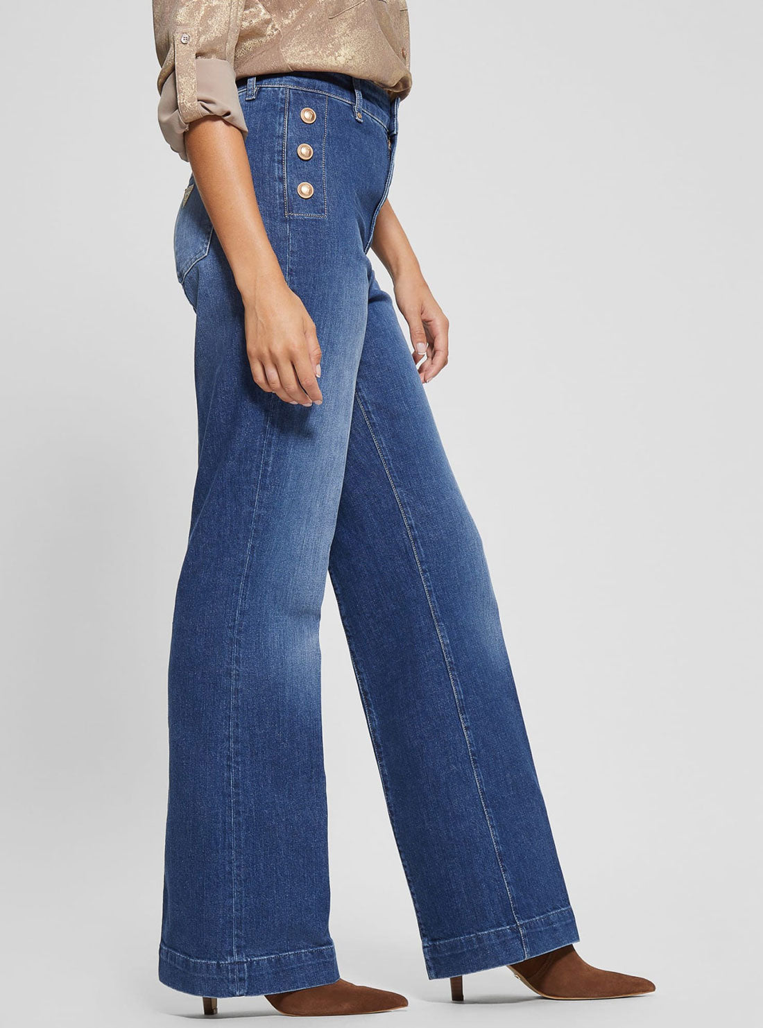 Blue Faye Flare Denim Jeans | GUESS Women's Apparel | side view