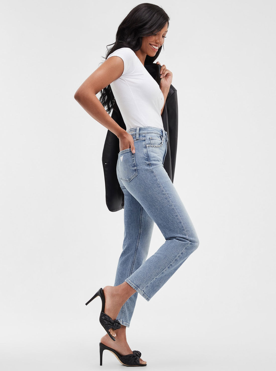 Eco Light Blue Girly Embellished Denim Jeans | GUESS Women's Denim | side view