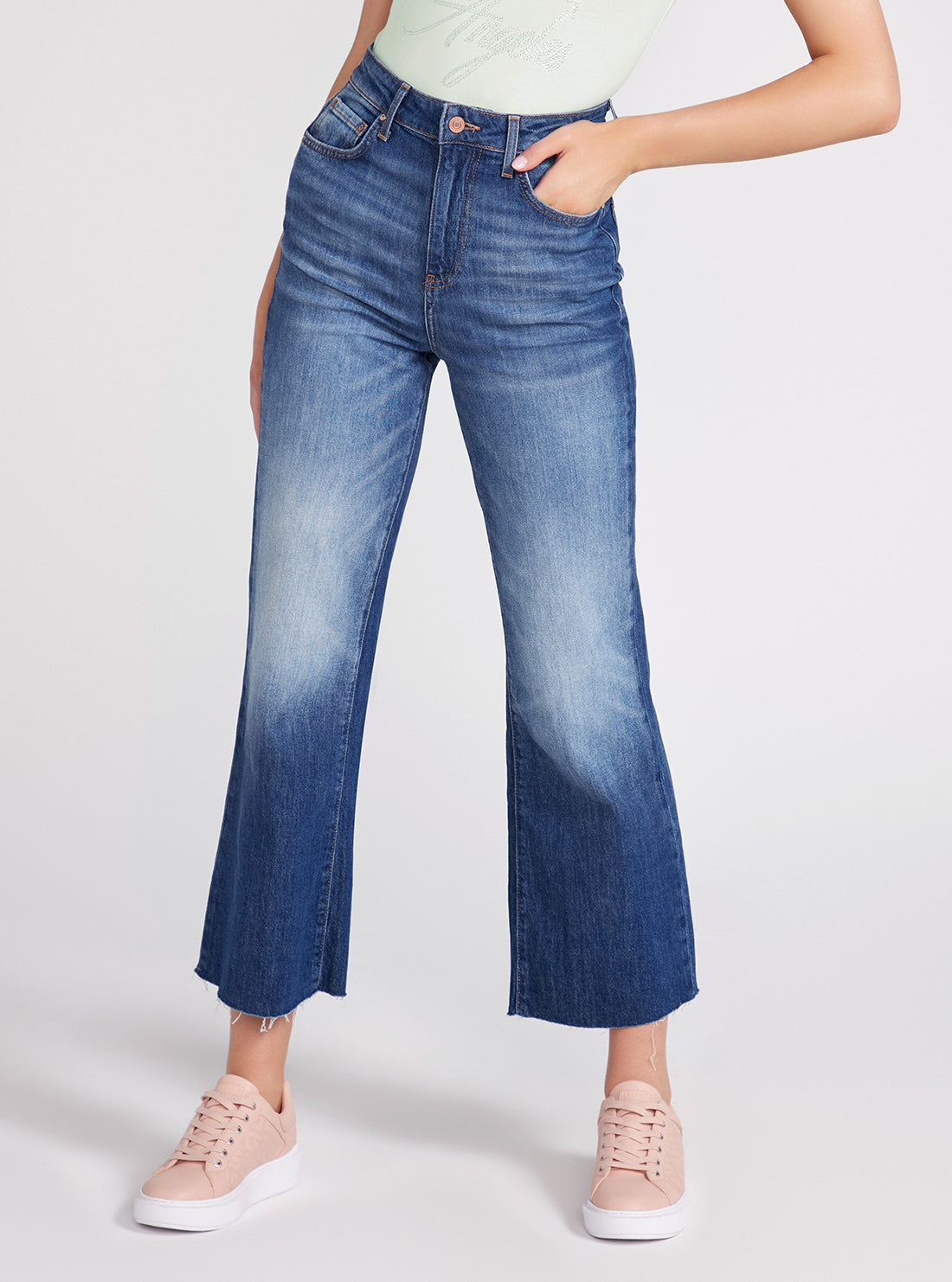 High-Rise Ankle Wide Leg Denim Jeans In Feel Free Wash | GUESS Women's Denim | front view