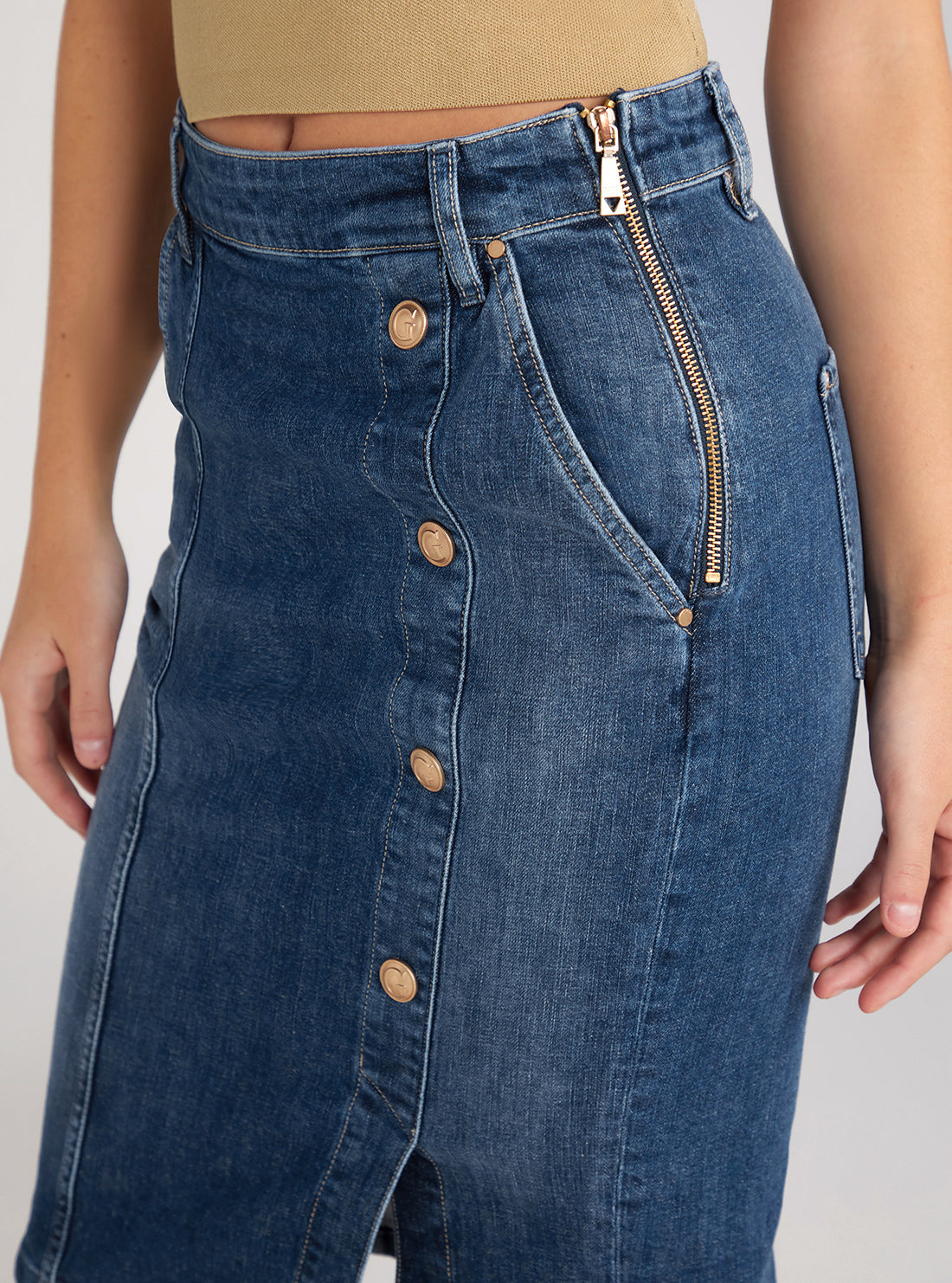 GUESS Blue Denim Carrie Longuette Midi Skirt detail view