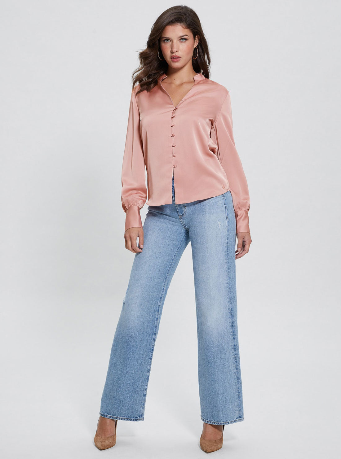 Eco Blush Rita Satin Shirt | GUESS Women's Apparel | full view