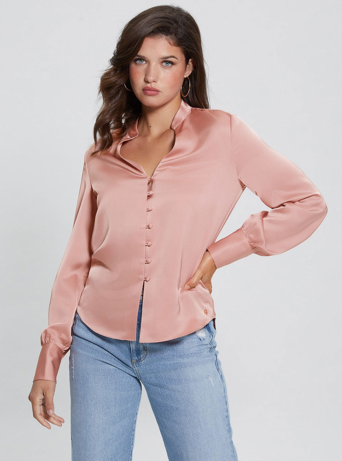 Eco Blush Rita Satin Shirt | GUESS Women's Apparel | front view