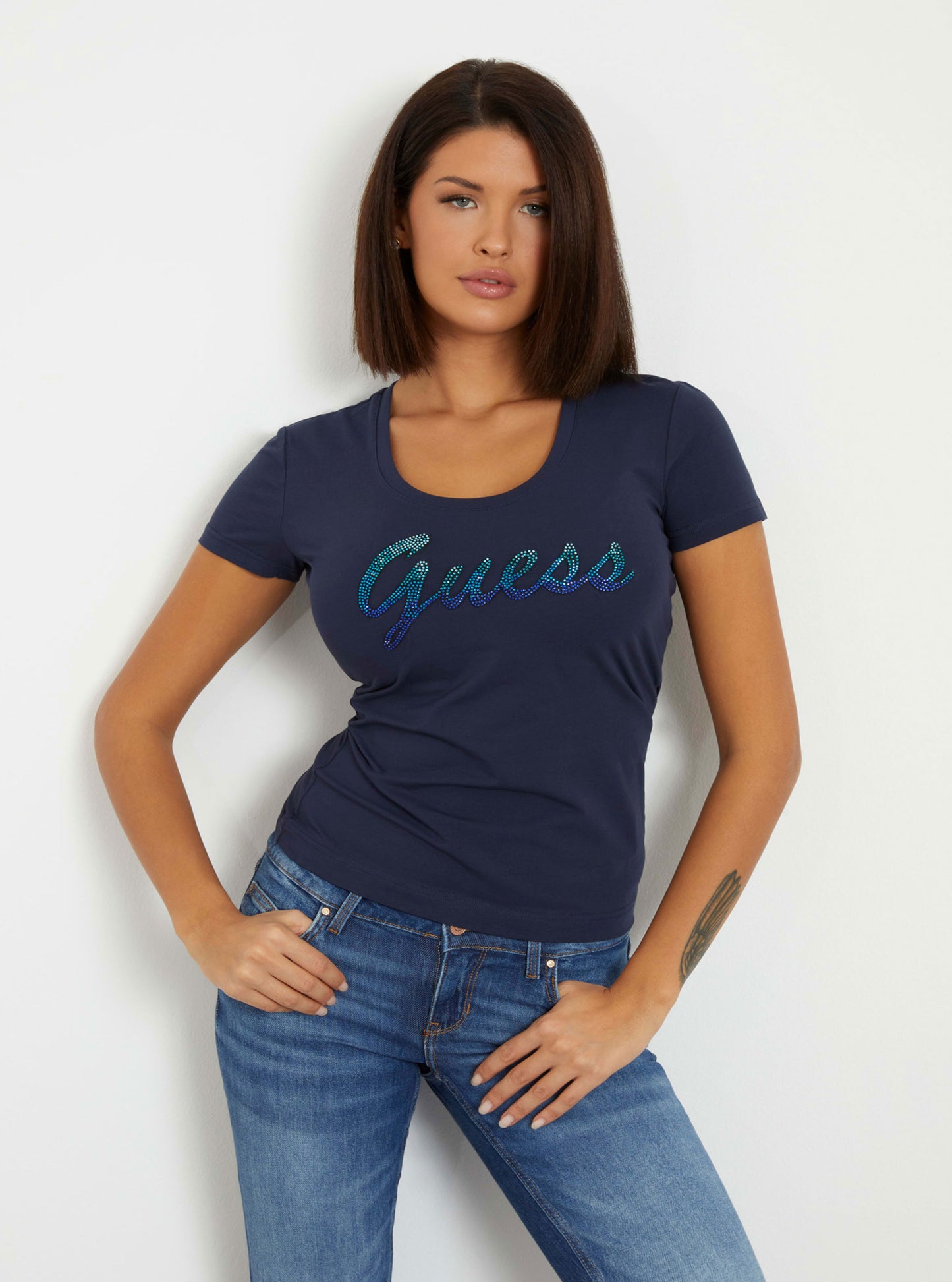 Navy Blue Shiny Ombre Logo T-Shirt | GUESS Women's Apparel | front view