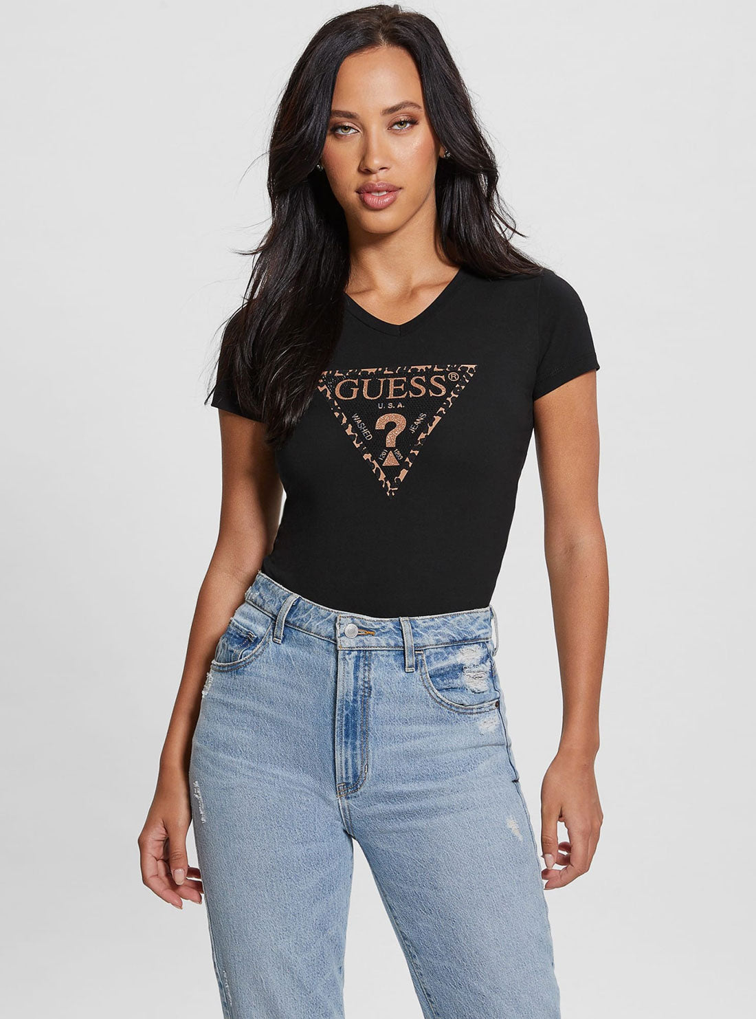 Black Leo Triangle Logo T-Shirt | GUESS Women's Apparel | front view
