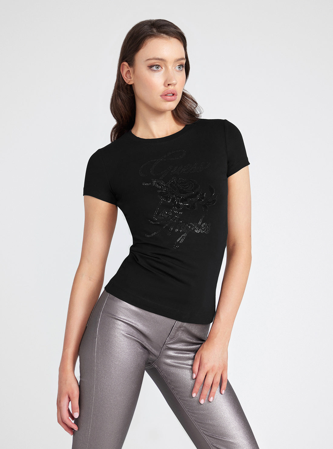 Black Rhinestone Rose T-Shirt | GUESS Women's Apparel | front view