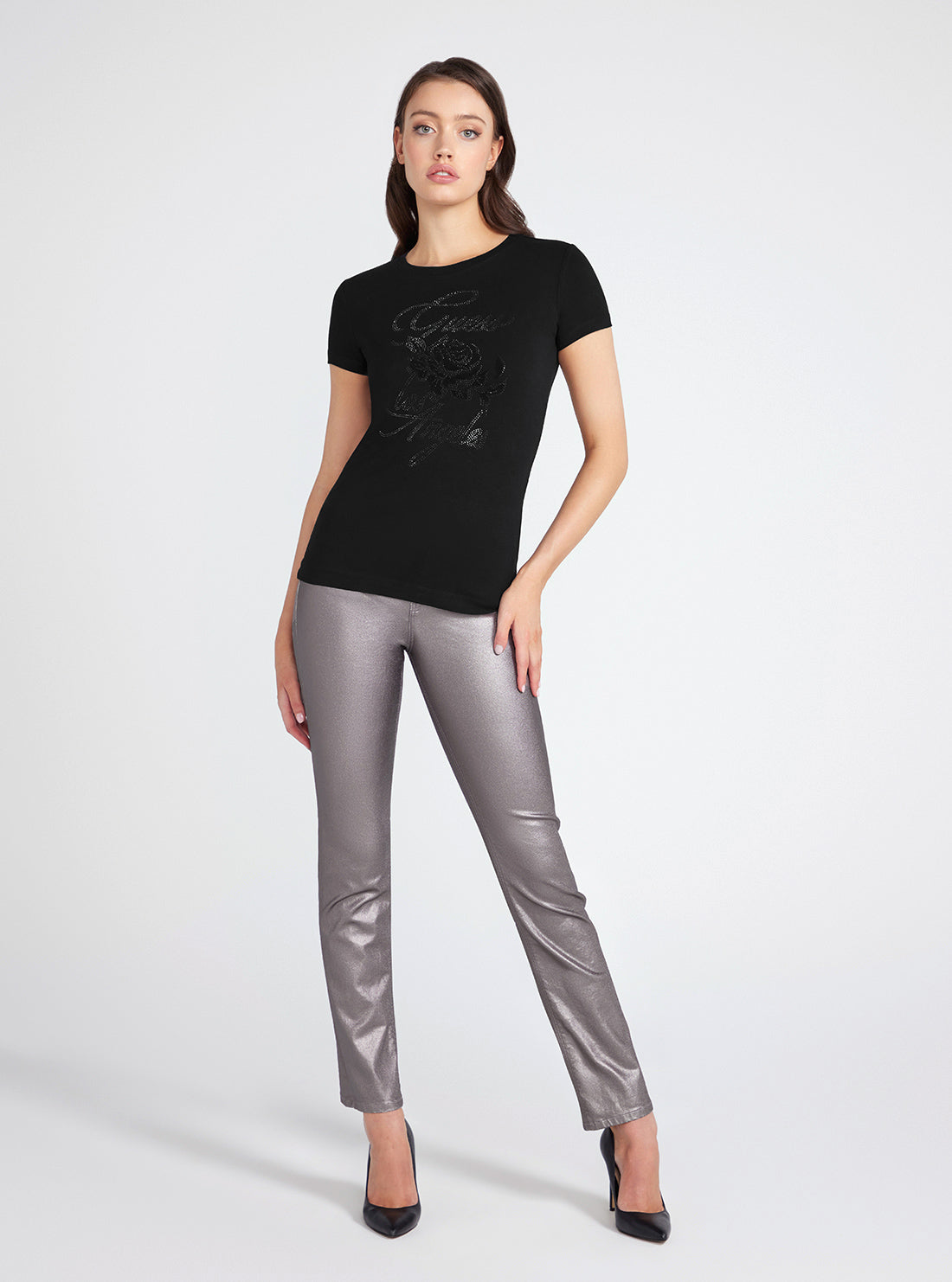 Black Rhinestone Rose T-Shirt | GUESS Women's Apparel | full view