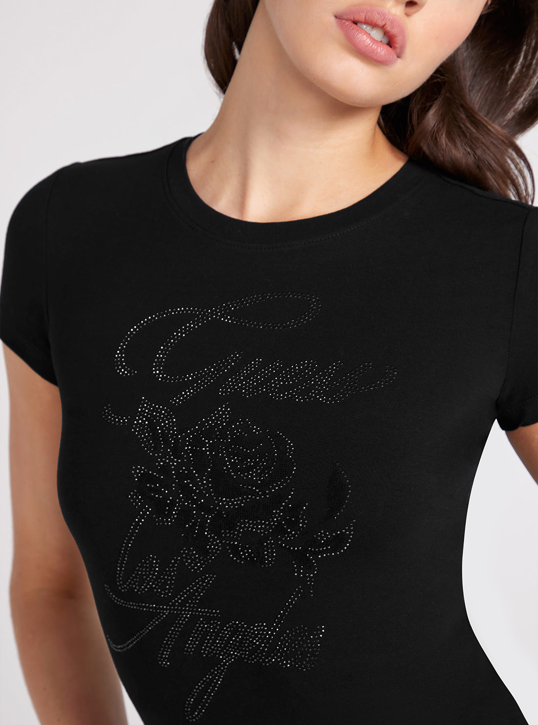 Black Rhinestone Rose T-Shirt | GUESS Women's Apparel | detail view