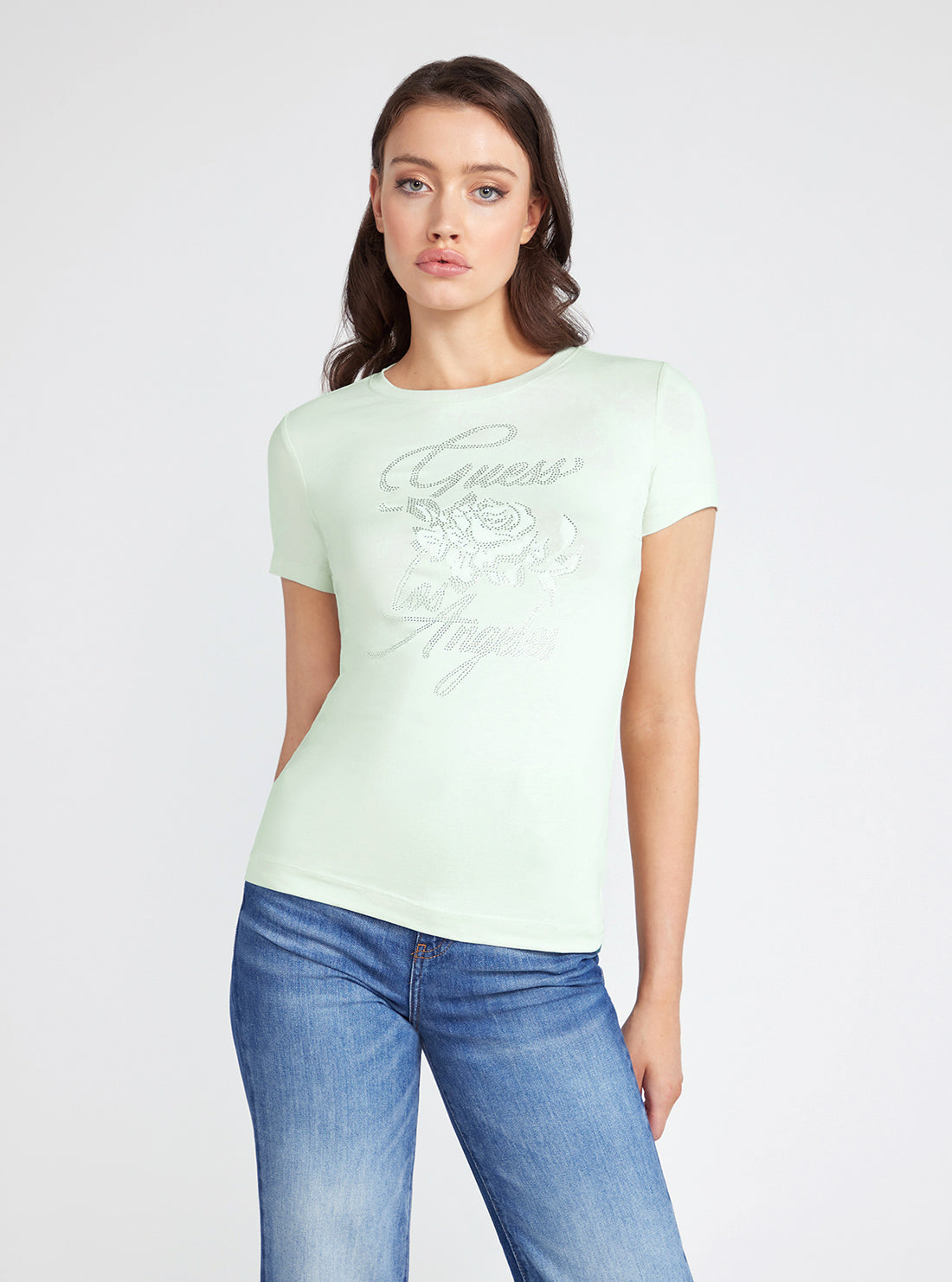 Mint Green Rhinestone Rose T-Shirt | GUESS Women's Apparel | front view