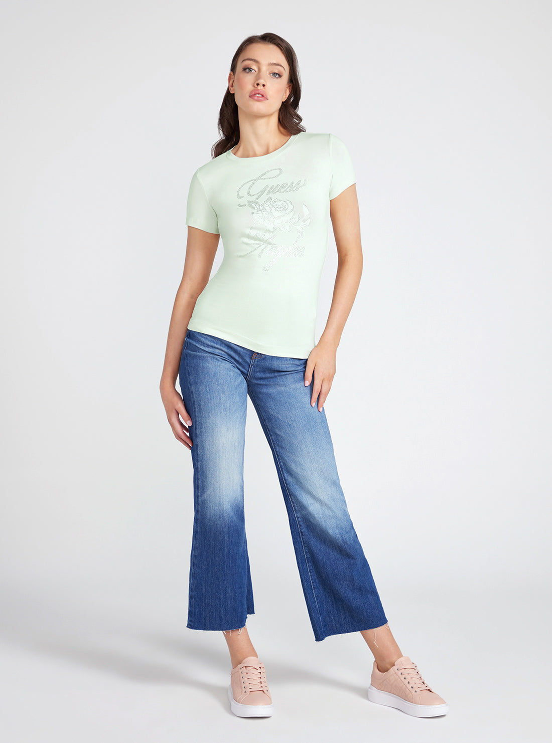 Mint Green Rhinestone Rose T-Shirt | GUESS Women's Apparel | full view