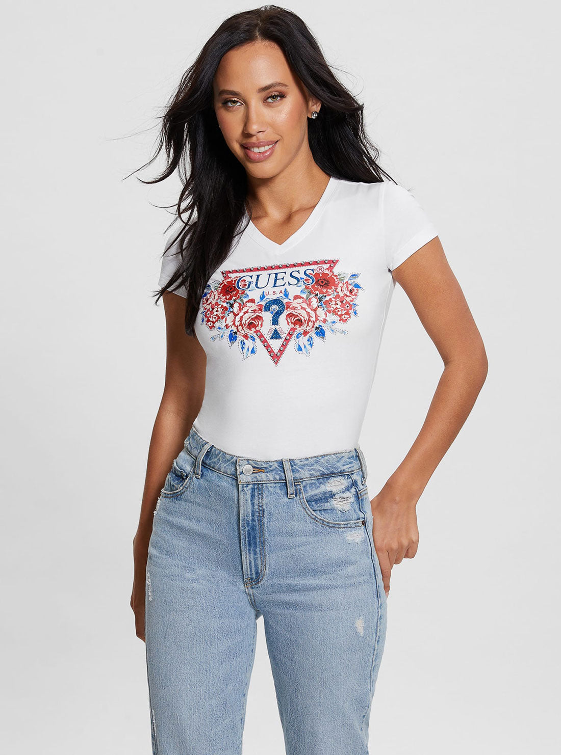 White Rose Triangle Logo T-Shirt | GUESS Women's Apparel | front view