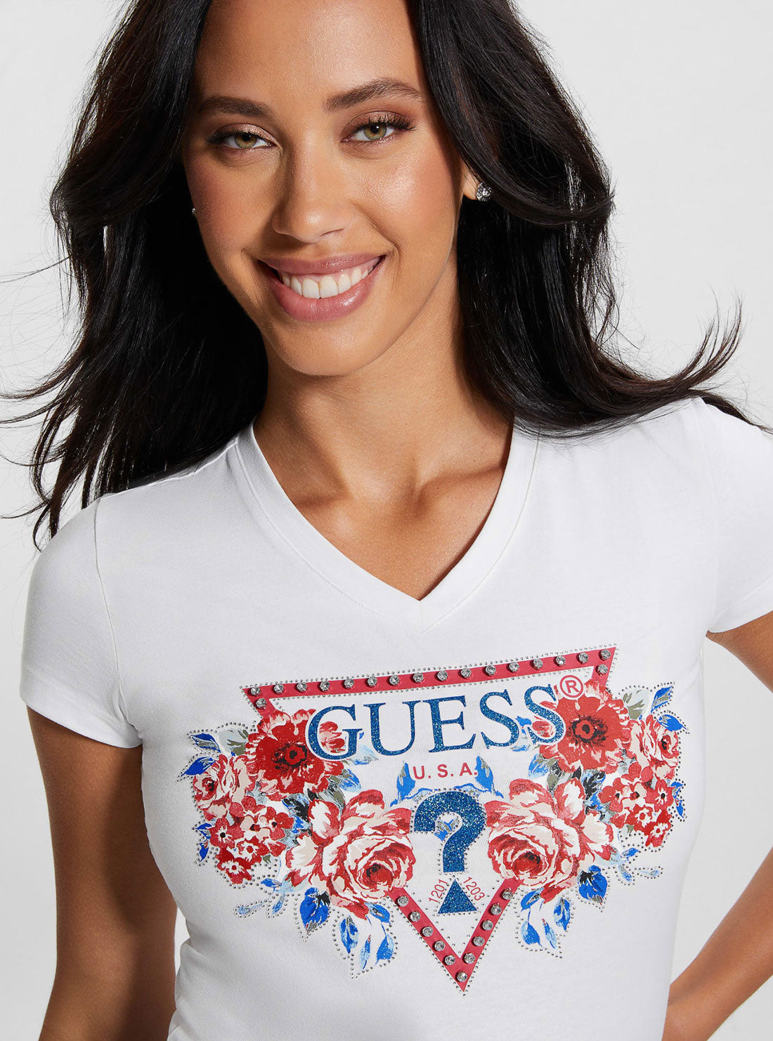 White Rose Triangle Logo T-Shirt | GUESS Women's Apparel | detail view