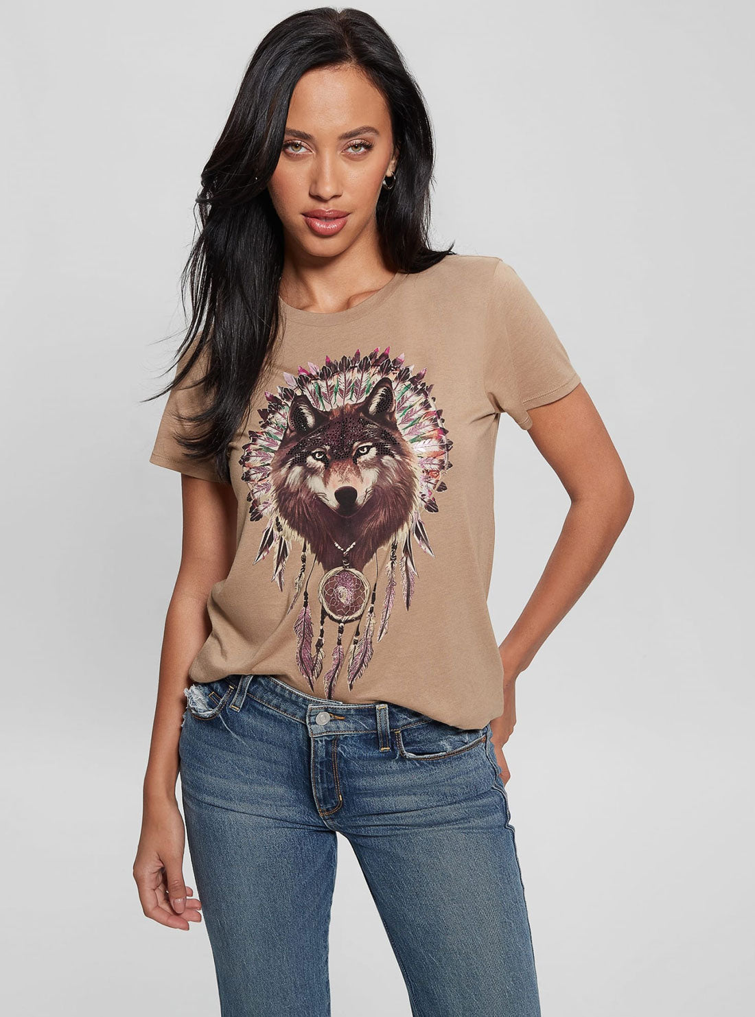 Tan Wolf Graphic T-Shirt | GUESS Women's Apparel | front view