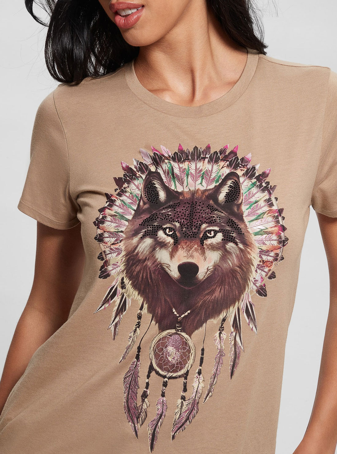 Tan Wolf Graphic T-Shirt | GUESS Women's Apparel | detail view