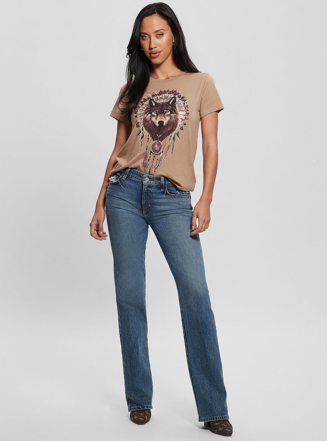 Tan Wolf Graphic T-Shirt | GUESS Women's Apparel | full view