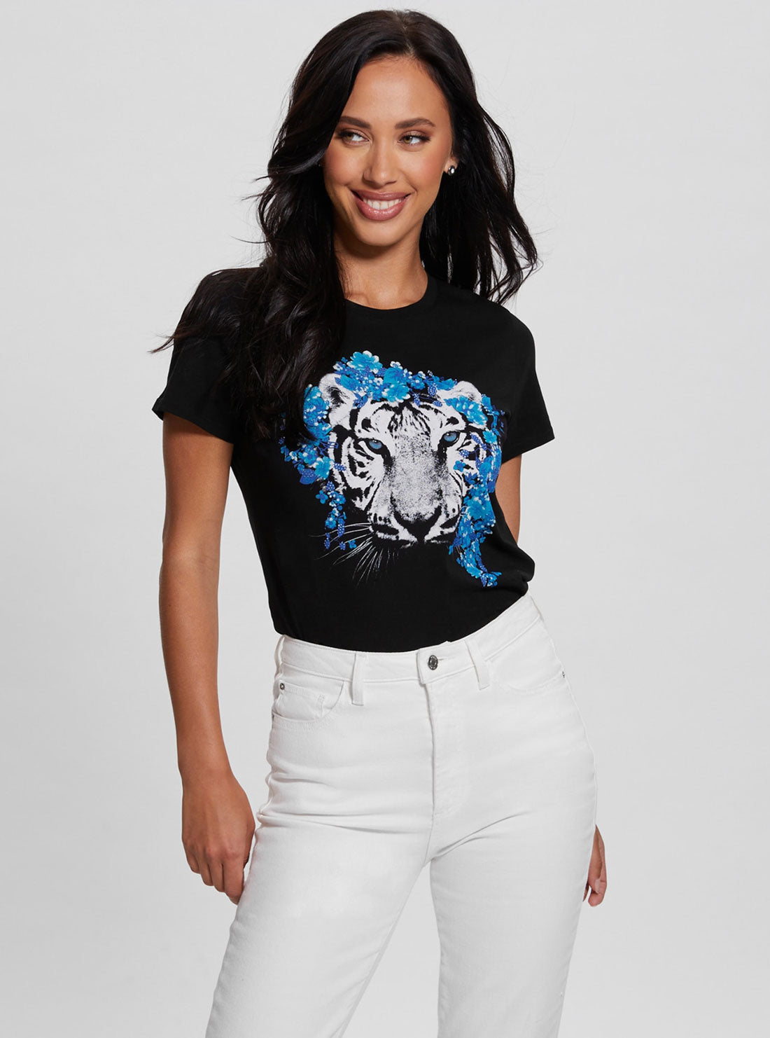 Black Floral Tiger Easy T-Shirt | GUESS Women's Apparel | front view