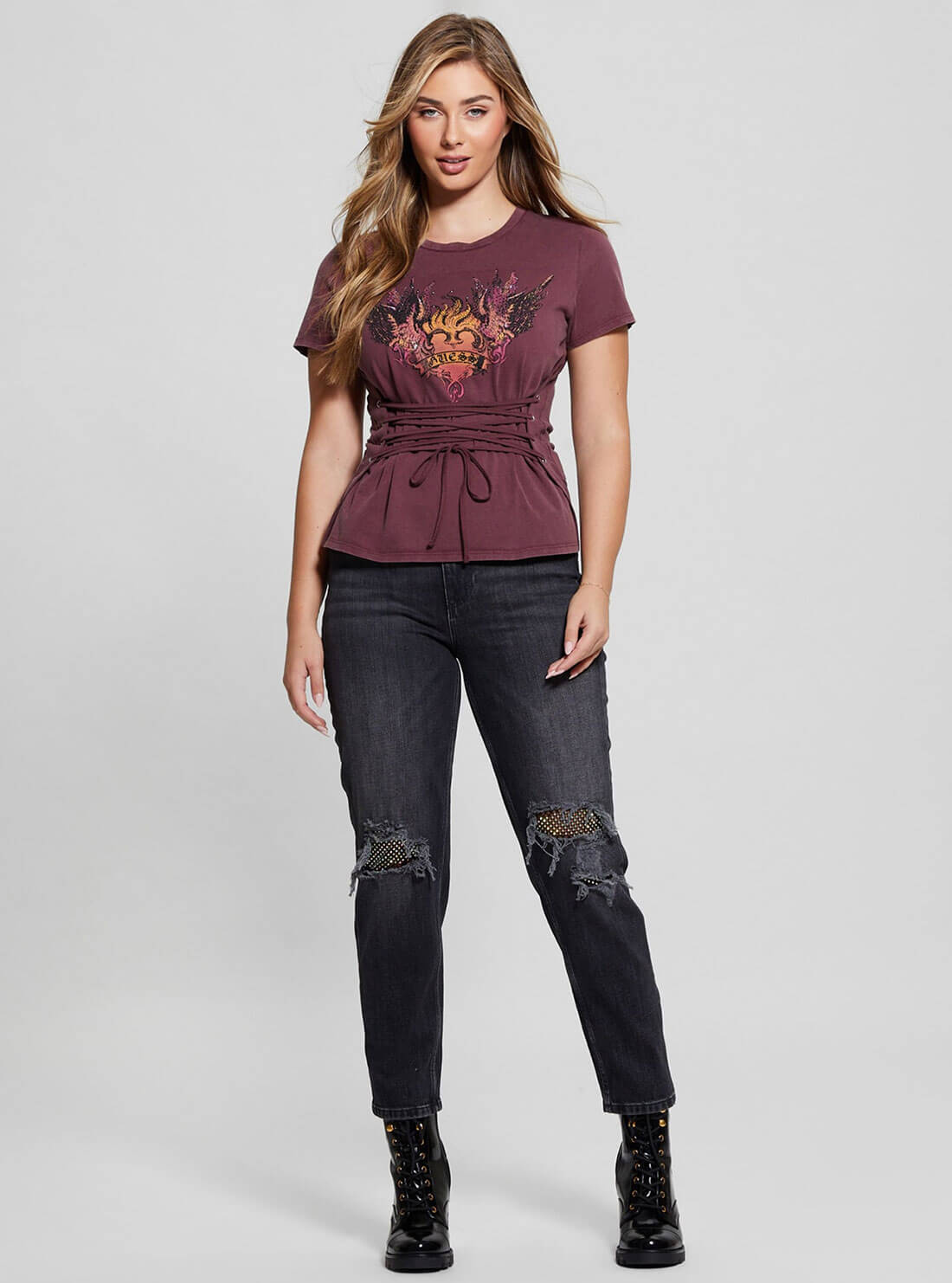 Dark Purple Heart Aflame Graphic Lace-up T-Shirt | GUESS Women's | full view