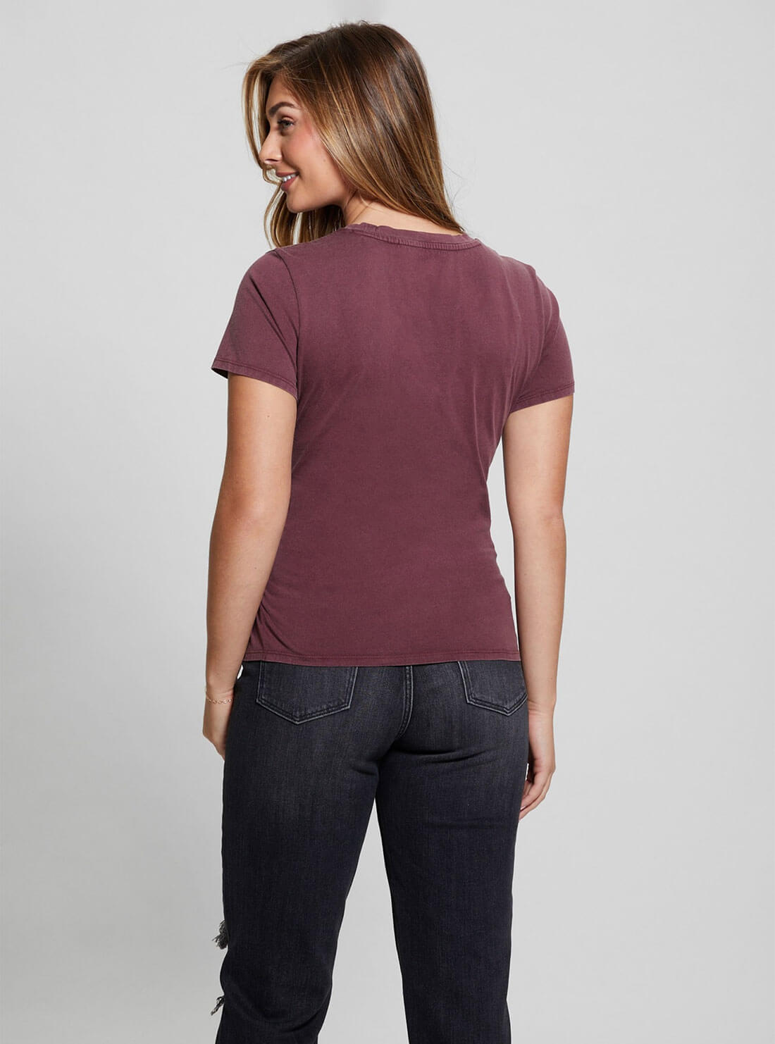 Dark Purple Heart Aflame Graphic Lace-up T-Shirt | GUESS Women's | back view