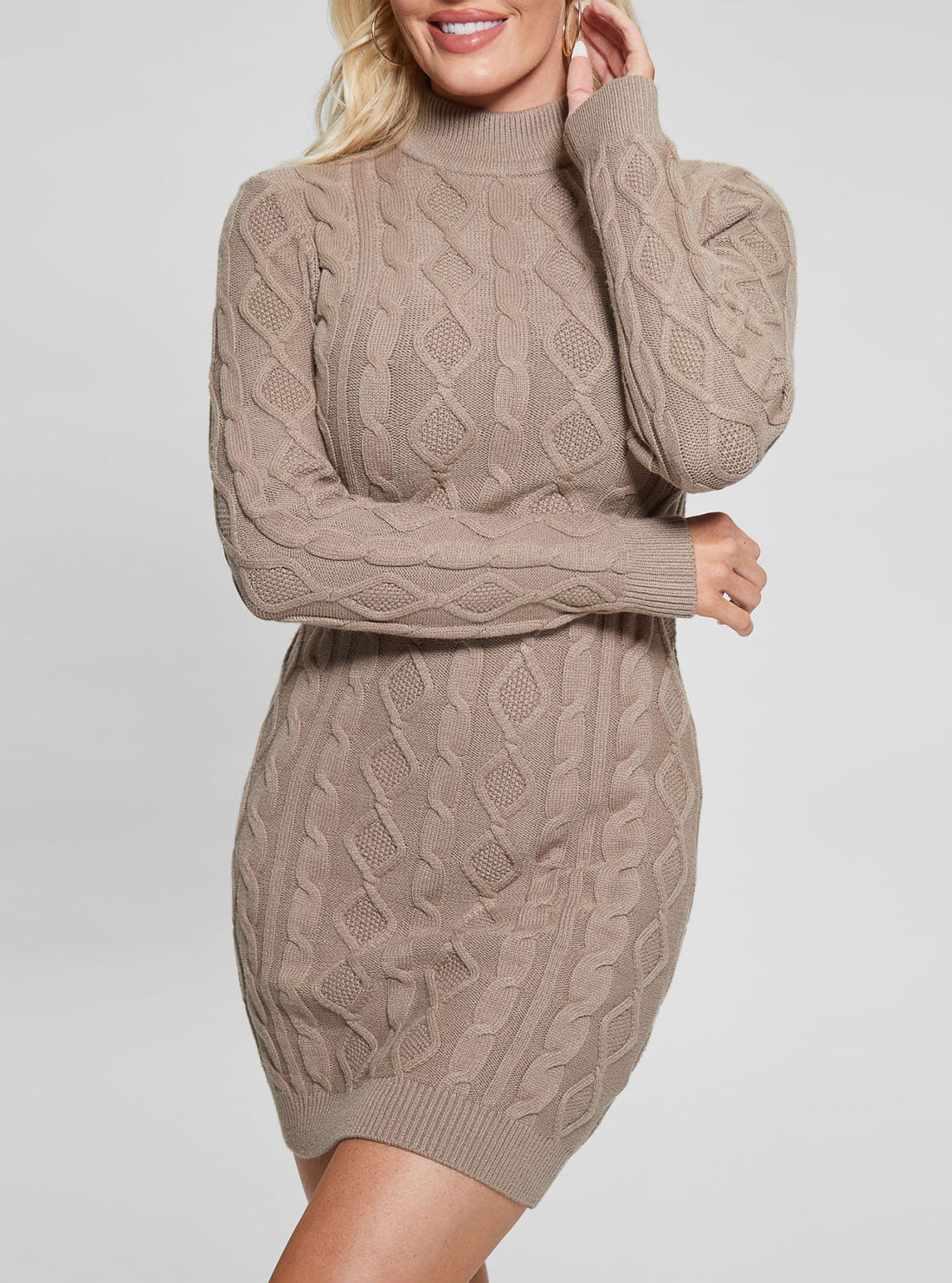 Taupe Brown Sera Mini Knit Dress | GUESS Women's Apparel | detail view