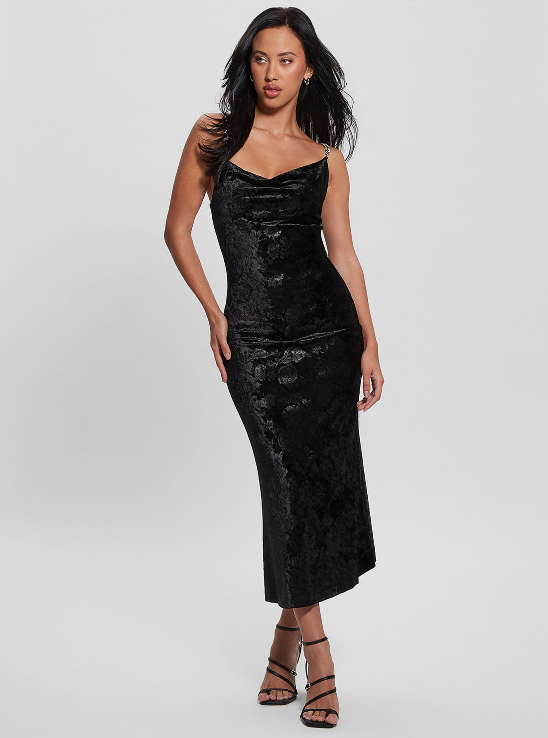 Black Aida Floral Velvet Midi Dress | GUESS Women's Apparel | full view