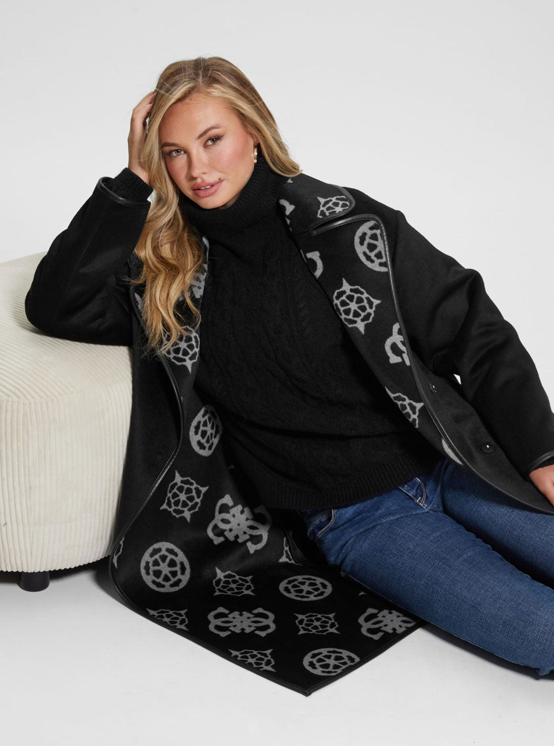 Black Ludovica Logo Wrap Coat | GUESS Women's Apparel | lifestyle view