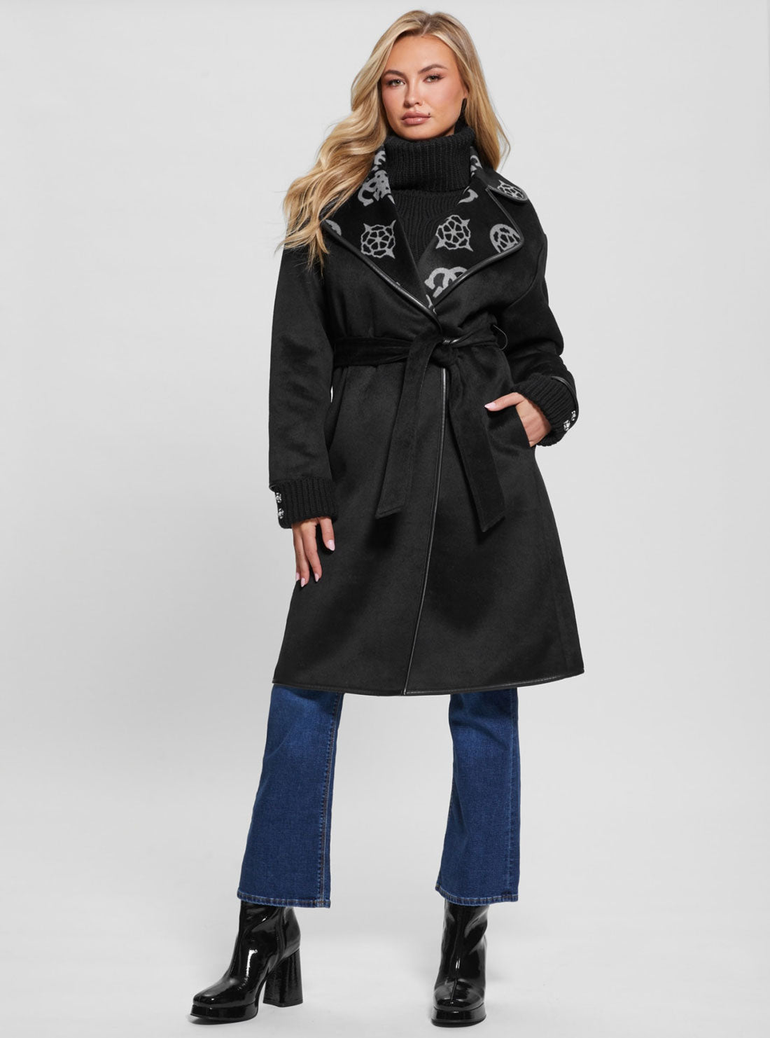 Black Ludovica Logo Wrap Coat | GUESS Women's Apparel | full view